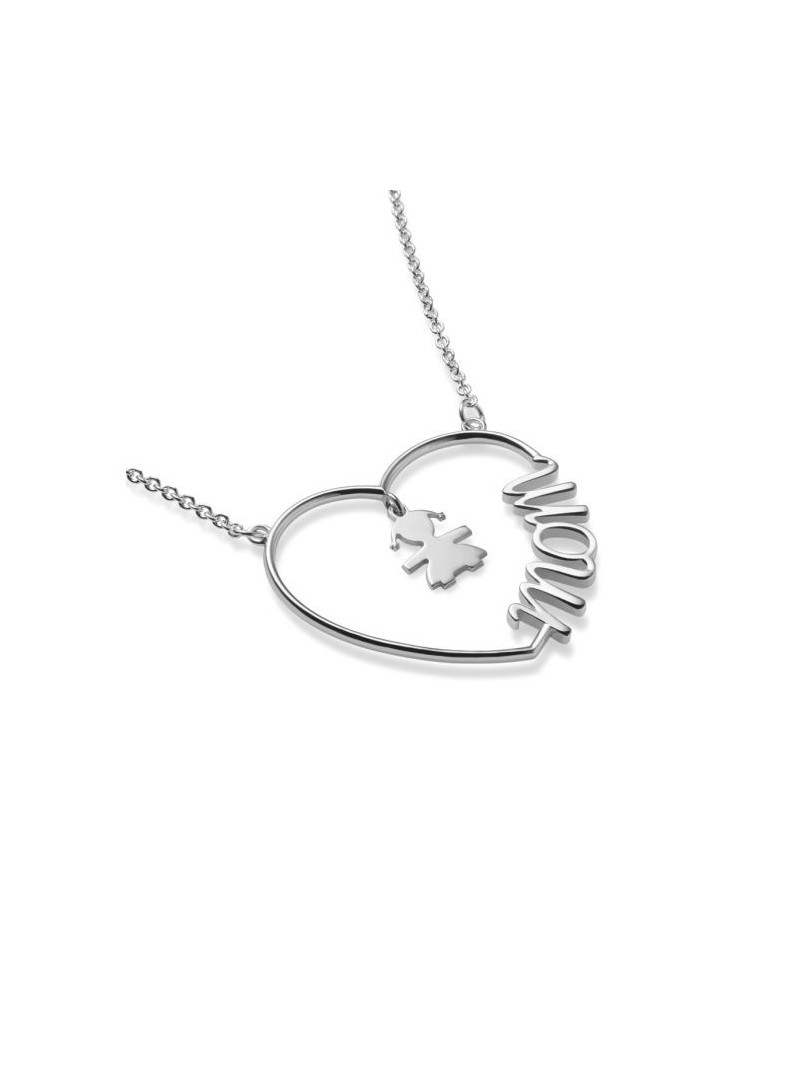 Le Bebé Mother's Heart Necklace with Baby Girl Silhouette in Silver