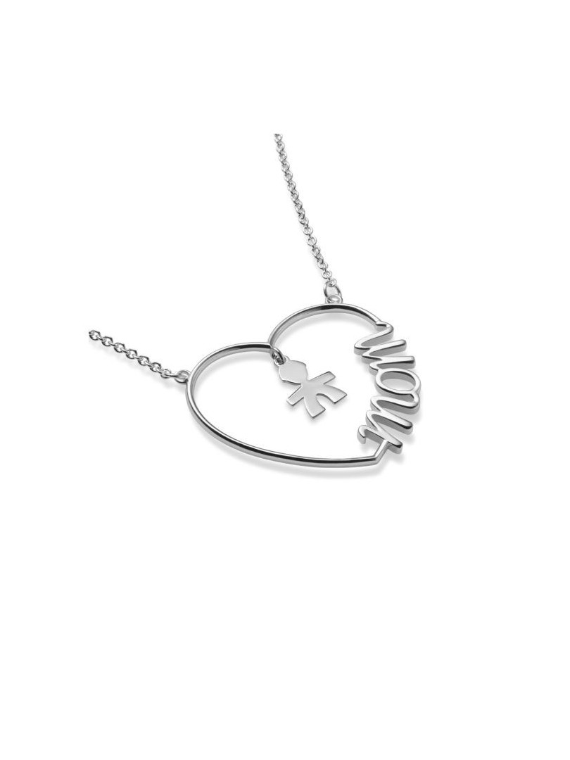 Le Bebé Mother's Heart Necklace with Baby Girl Silhouette in Silver